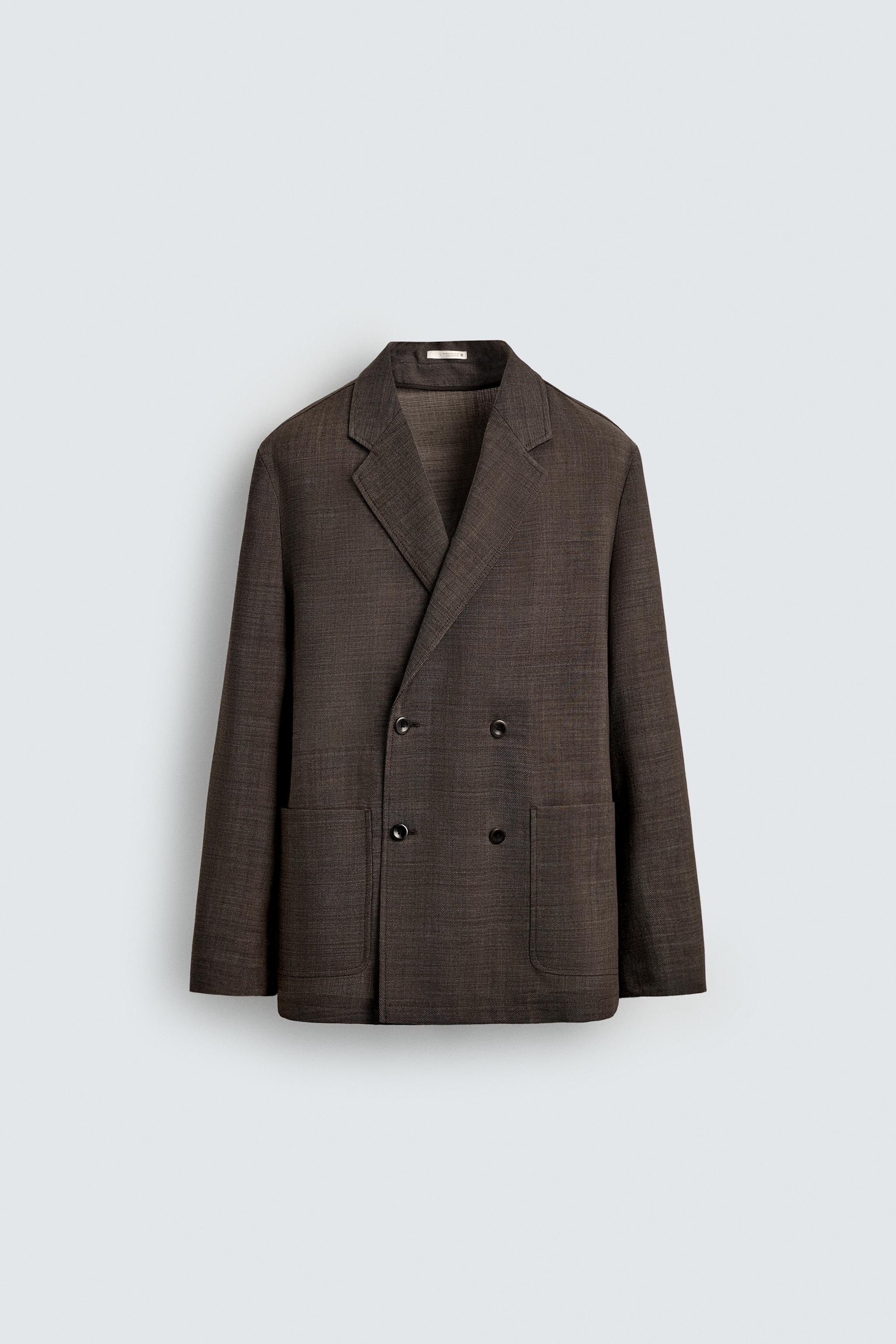 Double-Breasted 100% Wool Textured Suit Blazer - Brown