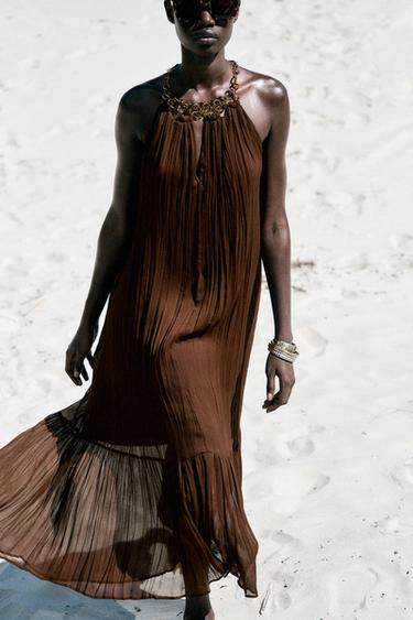 HALTER EYELET MIDI DRESS - Chocolate by Zara
