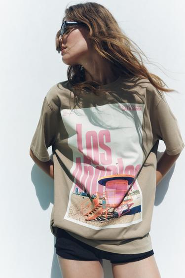 T-SHIRT WITH FRONT PRINT - Khaki by Zara - Image 0