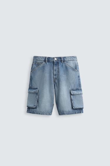 Zara CARGO DENIM SHORTS - Mid-blue