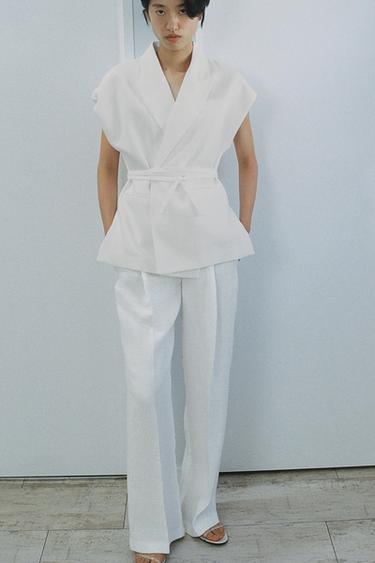 リネン混 プリーツ入りパンツ ZW COLLECTIONホワイトZaraのリネン混 プリーツ入りパンツ ZW COLLECTION - ホワイト 