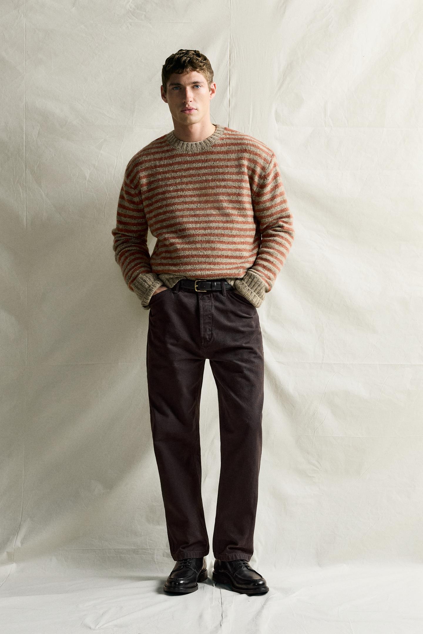 Мужской свитер Zara Striped Botonato Jacquard Jumper, цвет: Красный полосатый