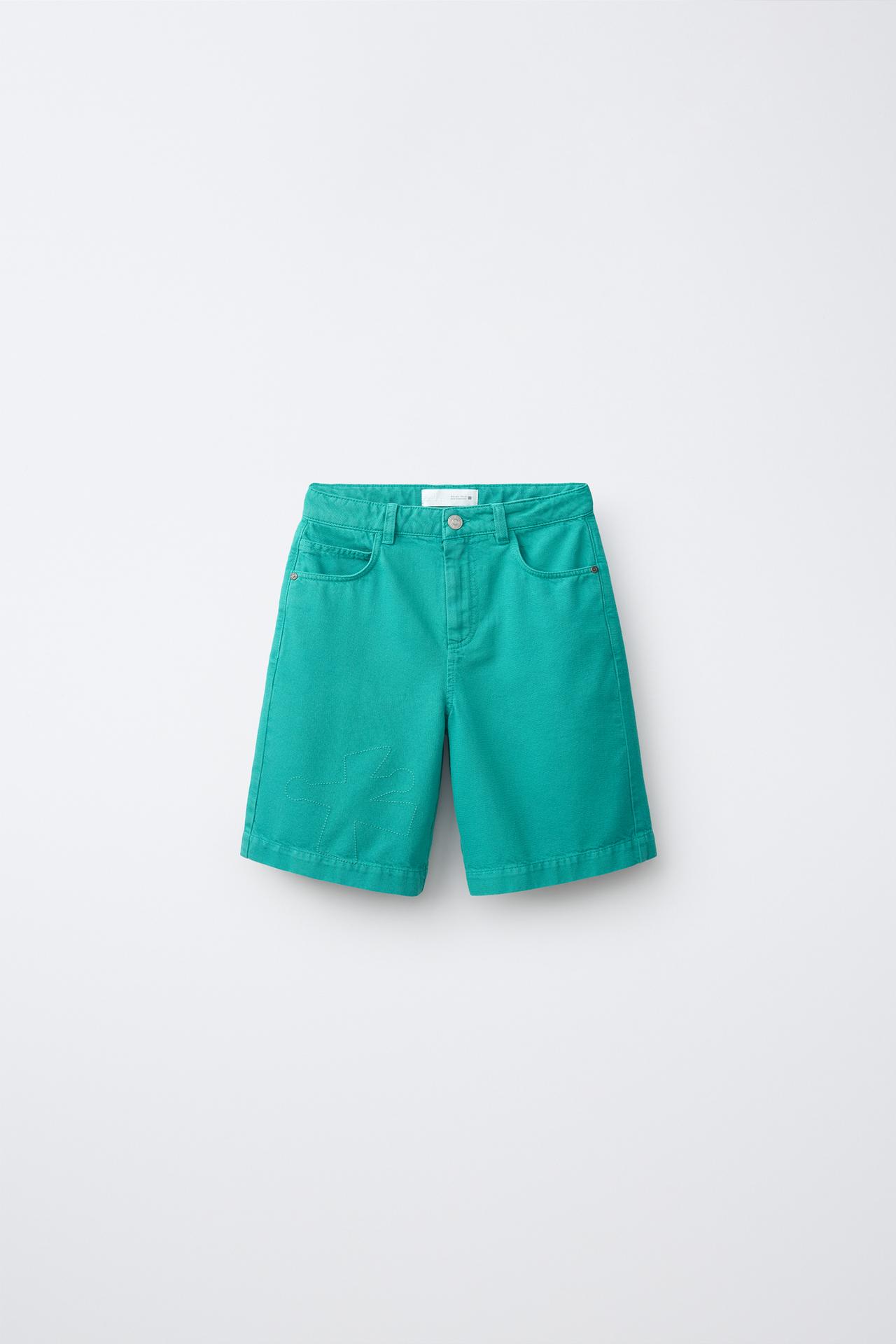 SOLID DENIM BERMUDA SHORTS — Turquoise green
