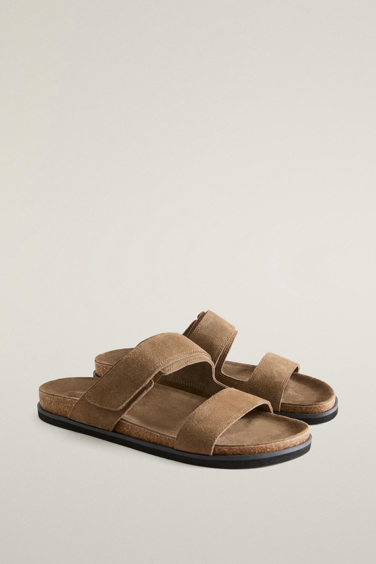 SPLIT LEATHER DOUBLE-STRAP SANDALS — Brown