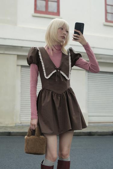 Zara 彼得潘小圓領格紋洋裝 - 卡其色