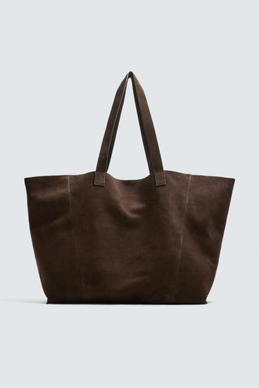 Zara LEATHER SHOPPER BAG - Brown