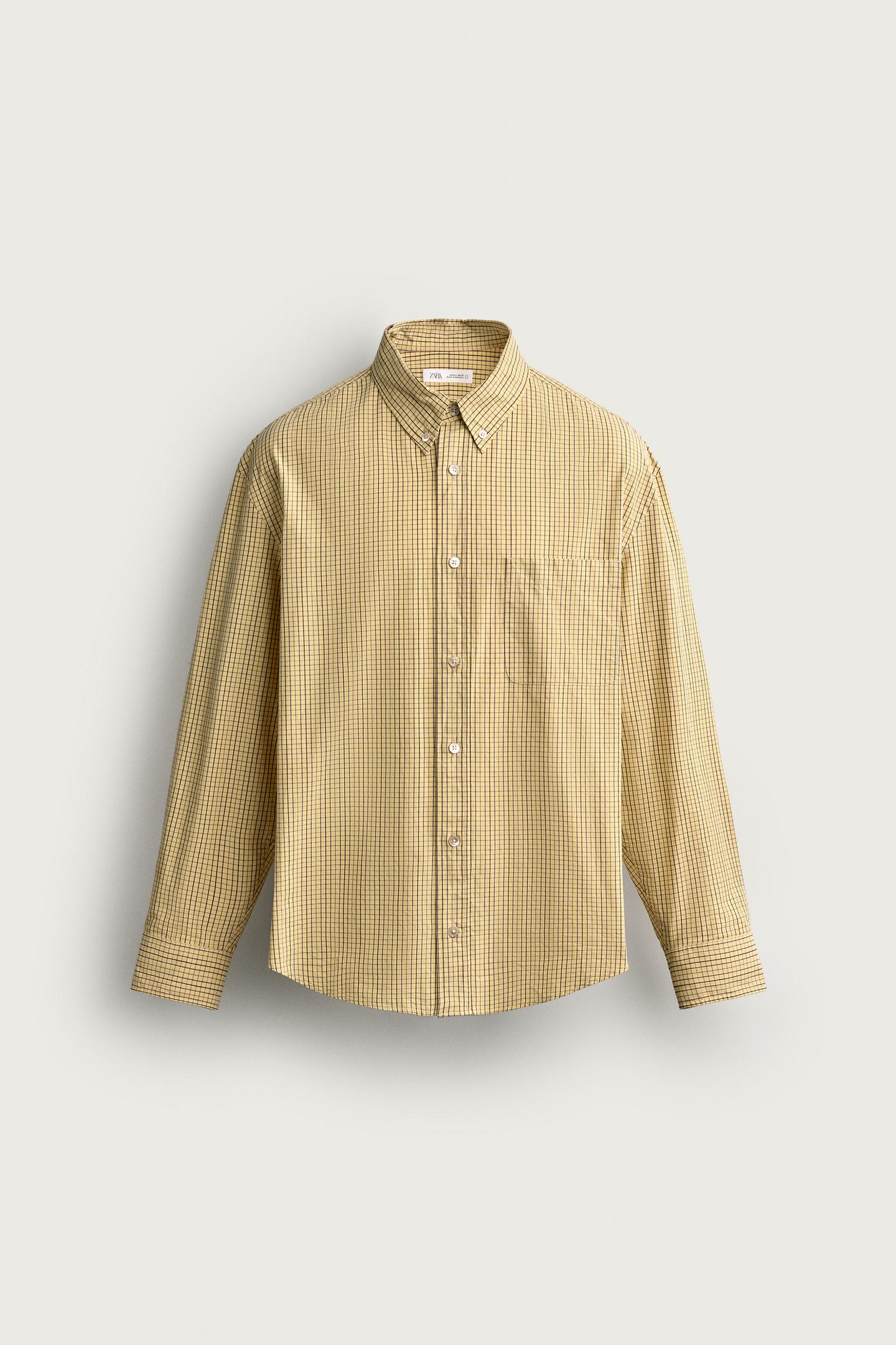 Мужская рубашка Zara Checked Relaxed Fit Cotton, цвет: Светлый жёлтый — фото 6