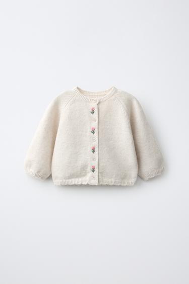 GILET EN MAILLE À FLEURS BRODÉES - Beige clair de Zara