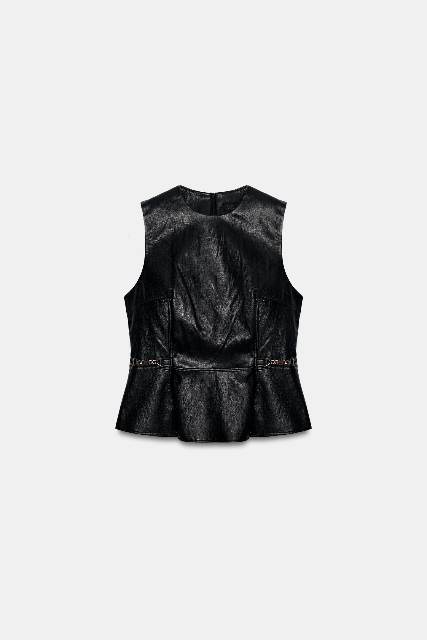 Женский топ Zara Faux Leather Top with Gold-Tone APPLIQUÉS, цвет: Чёрный — фото 6