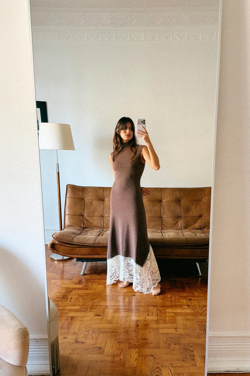brown long dress zara Zara Rose Crochet Maxi Dress main image 1