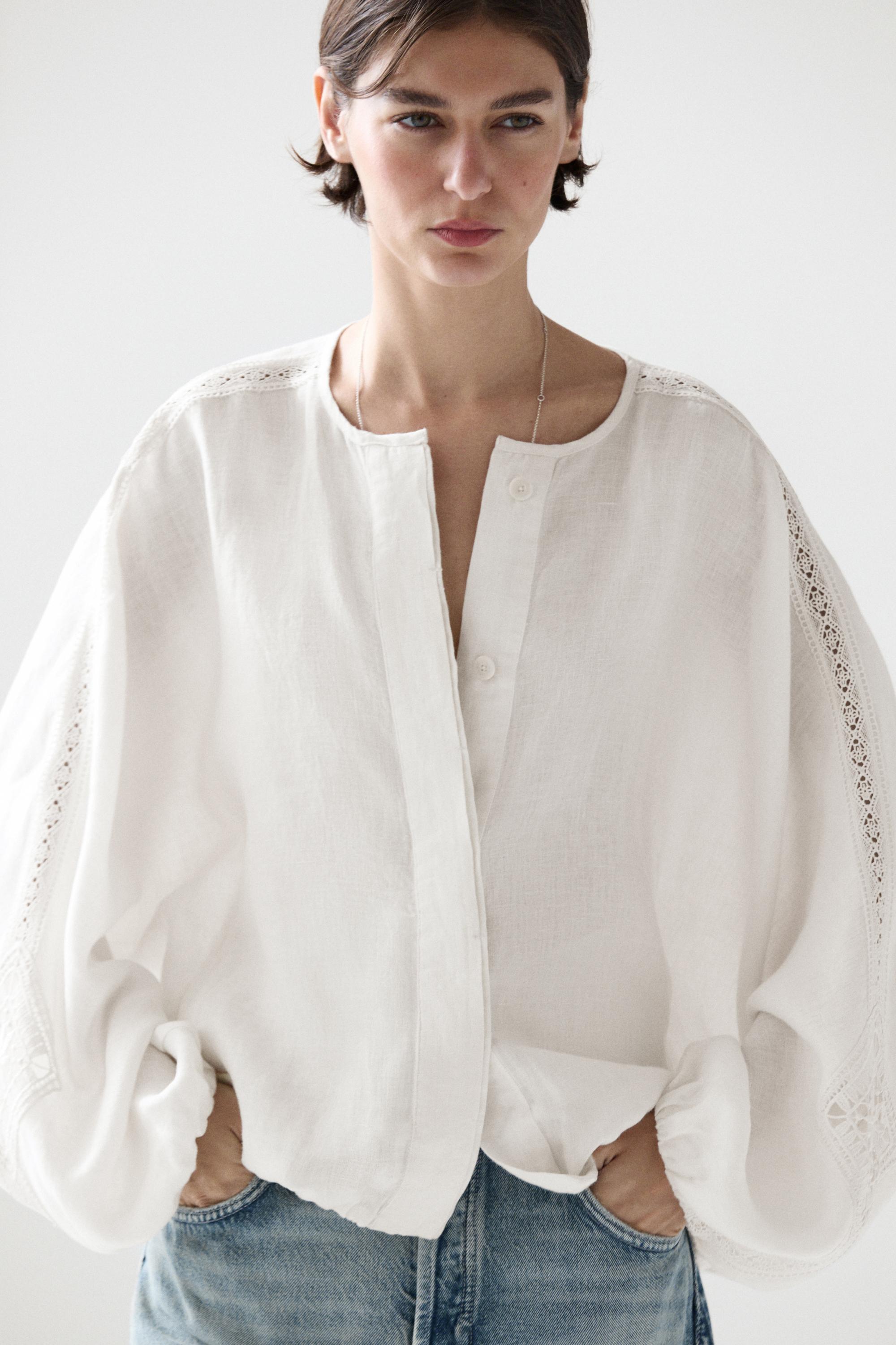 100% linen bomber jacket with embroidered detail — White
