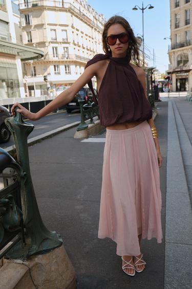 JUPE MI-LONGUE SEMI-TRANSPARENTE À SURPIQÛRES - Rose pastel de Zara - Image 5