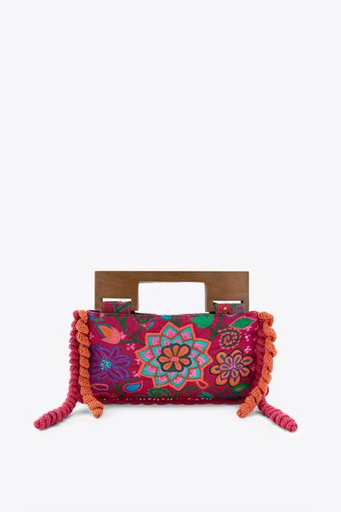 Zara 花卉刺繡手提包 - 深紫紅色 - 圖片 0