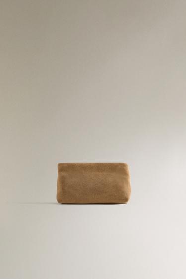 Zara SMALL SPLIT SUEDE MAKEUP BAG - Brown
