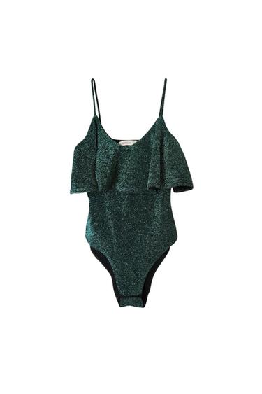 GREEN KNIT SPARKLE RUFFLE BODYSUIT