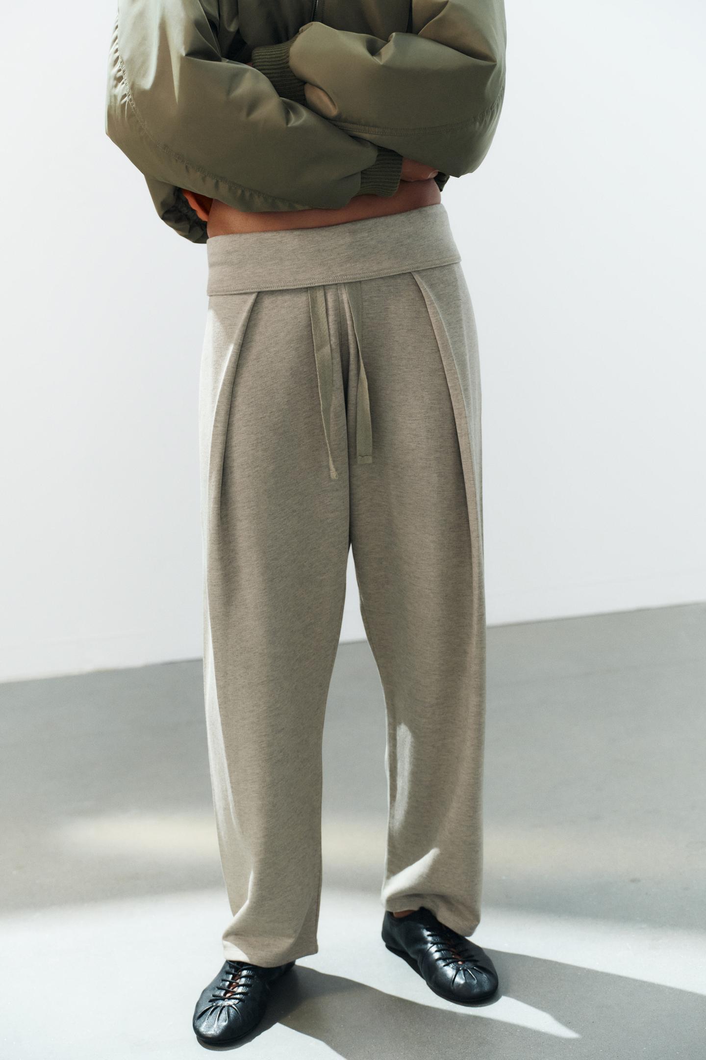 Женские брюки Zara Turn-Up Waist Drawstring, цвет: Серый зелёный — фото 2