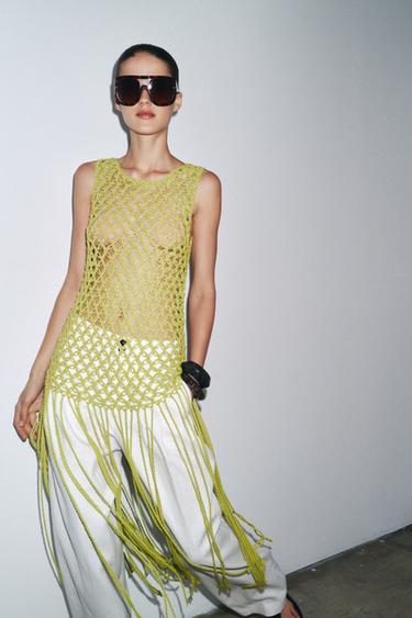 Zara CROCHET KNIT FRINGE TOP - Lime green