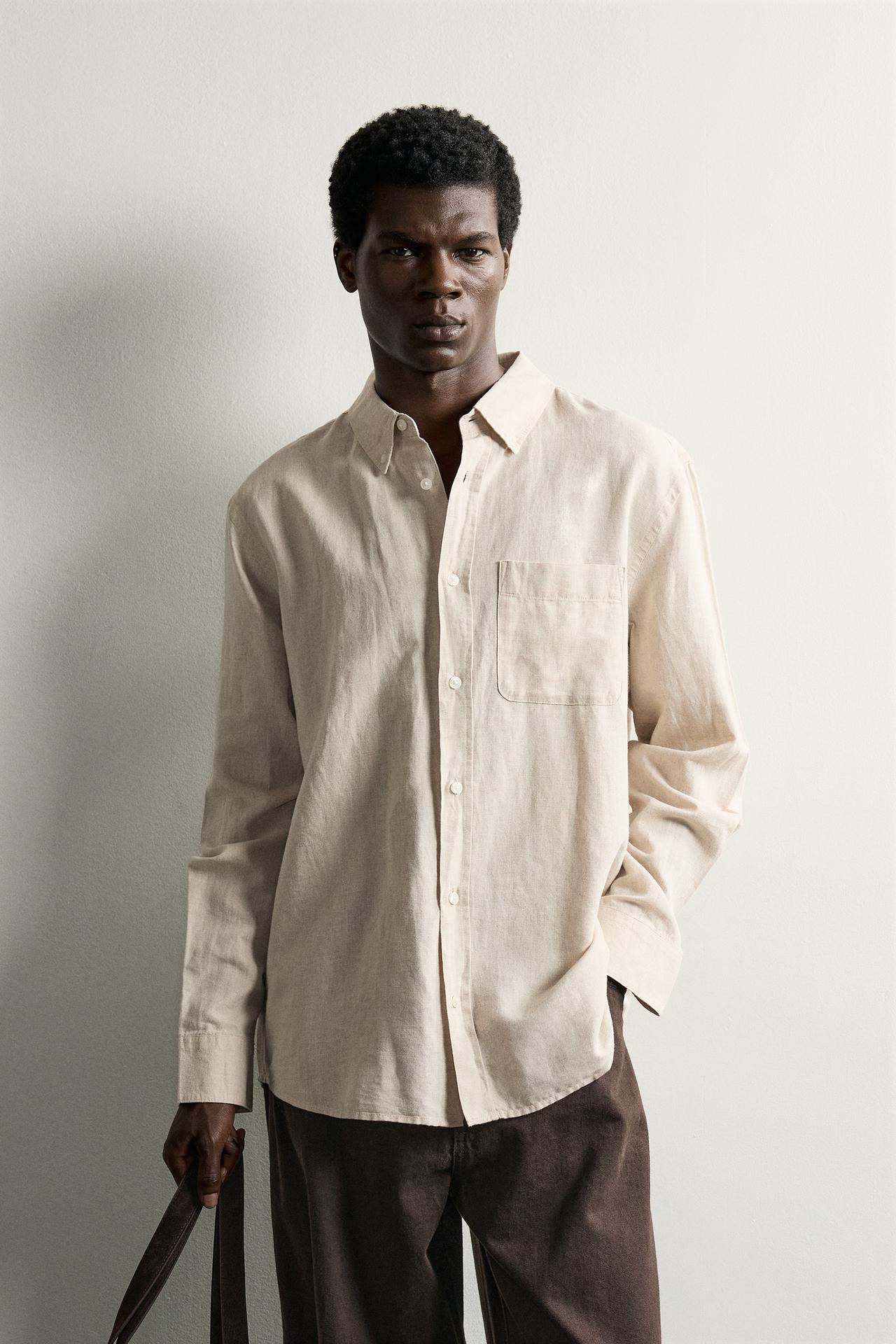 LINEN COTTON BLEND REGULAR FIT SHIRT — Light beige