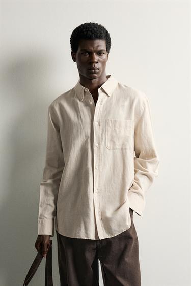 LINEN COTTON BLEND REGULAR FIT SHIRT — Light beige 2