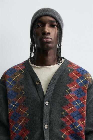 ARGYLE JACQUARD CARDIGAN - Anthracite Grey by Zara