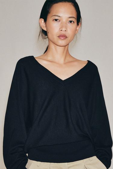 WOOL BLEND V-NECK JUMPER - Dark navy by Zara