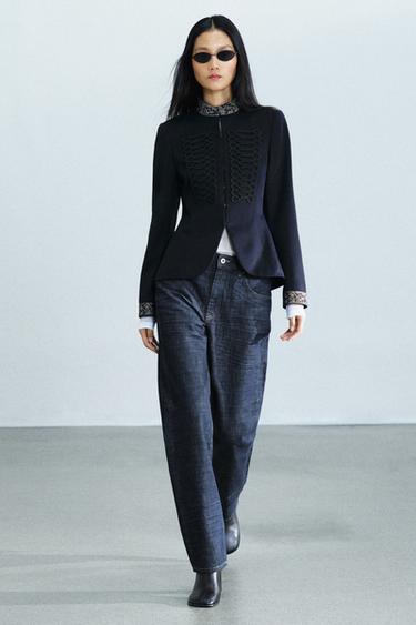 Zara ZW COLLECTION CONTRAST EMBROIDERED WOOL-BLEND FROG-FASTENING JACKET - Navy blue