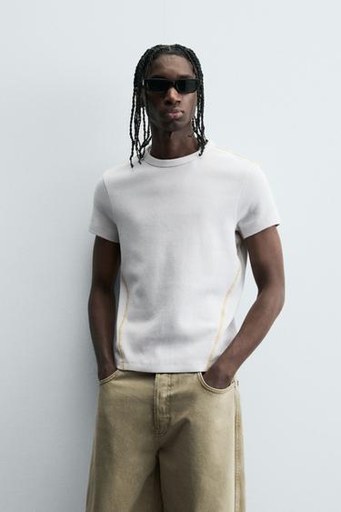 CONTRAST WAFFLE-KNIT T-SHIRT - Light grey by Zara