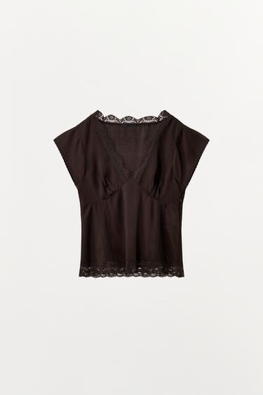 100% LYOCELL LACE TOP - Brown by Zara