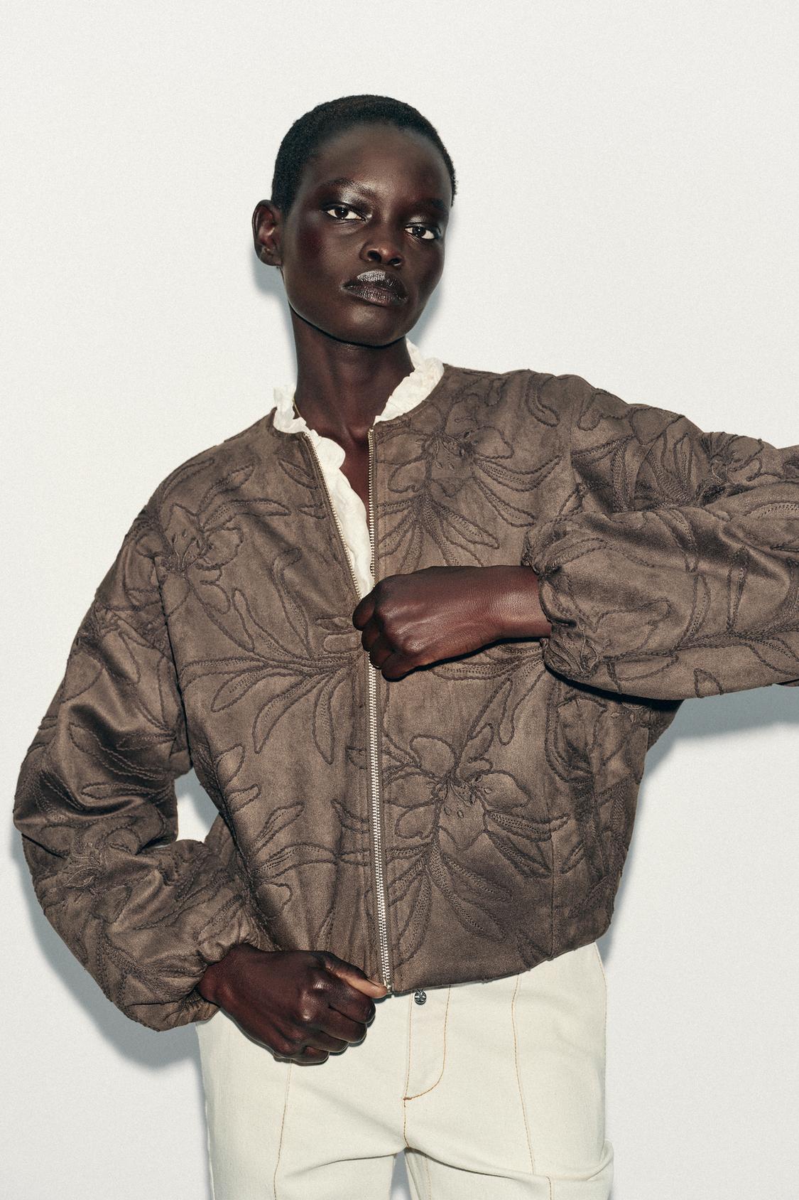 EMBROIDERED FAUX SUEDE BOMBER JACKET