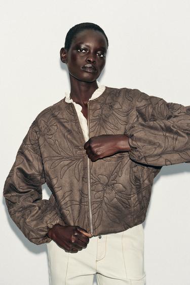 EMBROIDERED FAUX SUEDE BOMBER JACKET - Khaki by Zara - Image 1