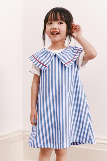 STRIPED DRESS WITH CONTRAST TRIM - Blue by Zara