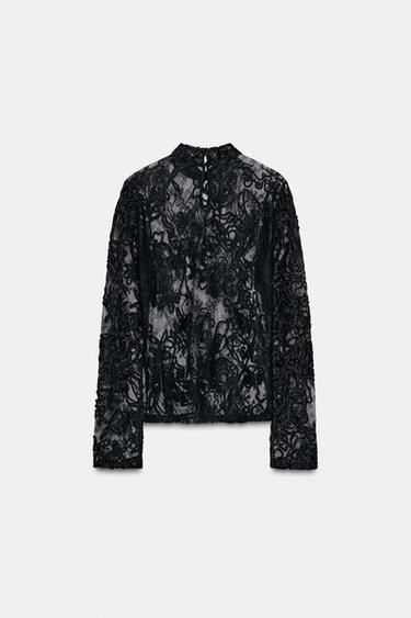 LONG SLEEVE LACE TOP - Black by Zara - Image 4