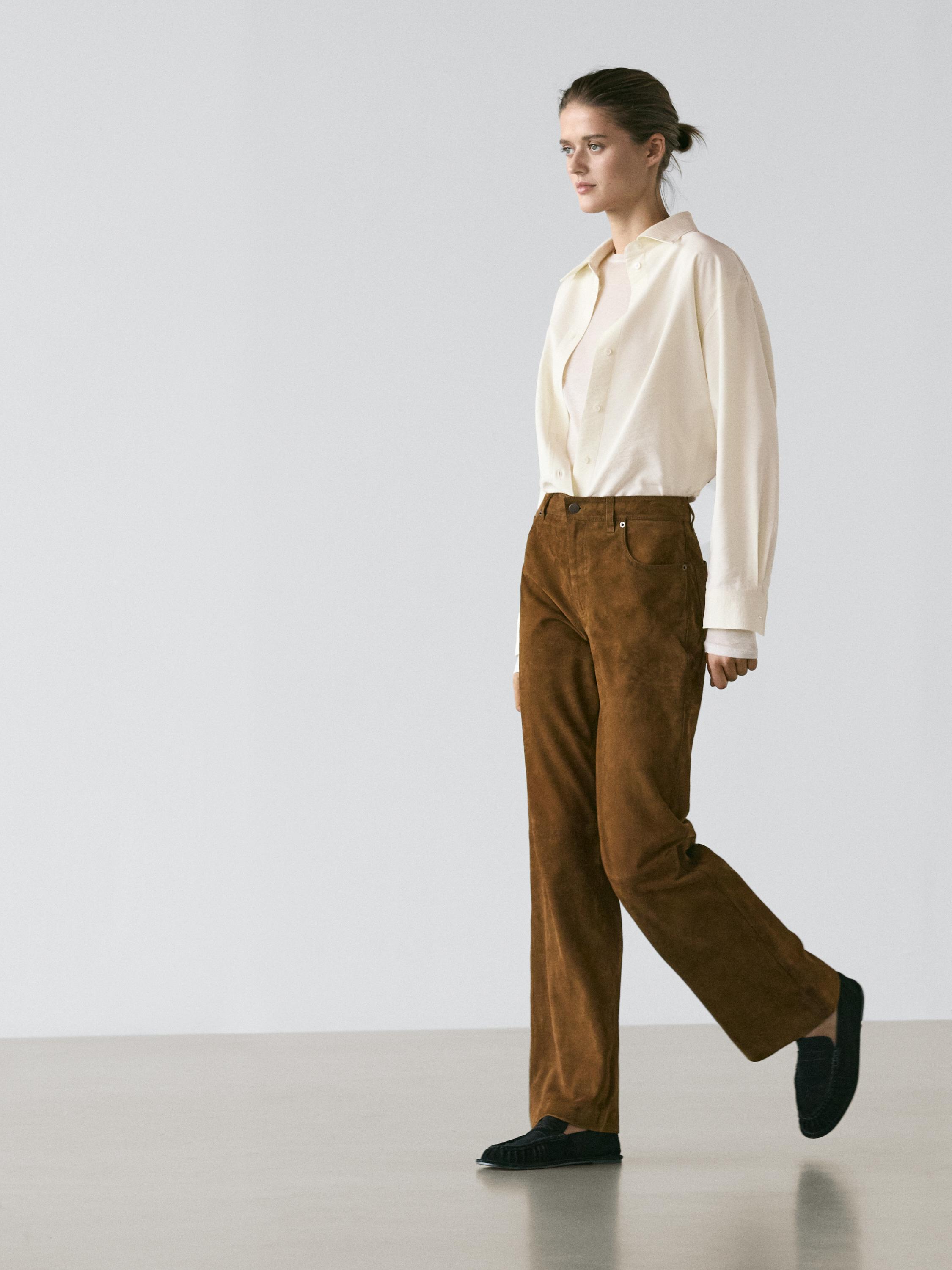 Suede leather straight trousers