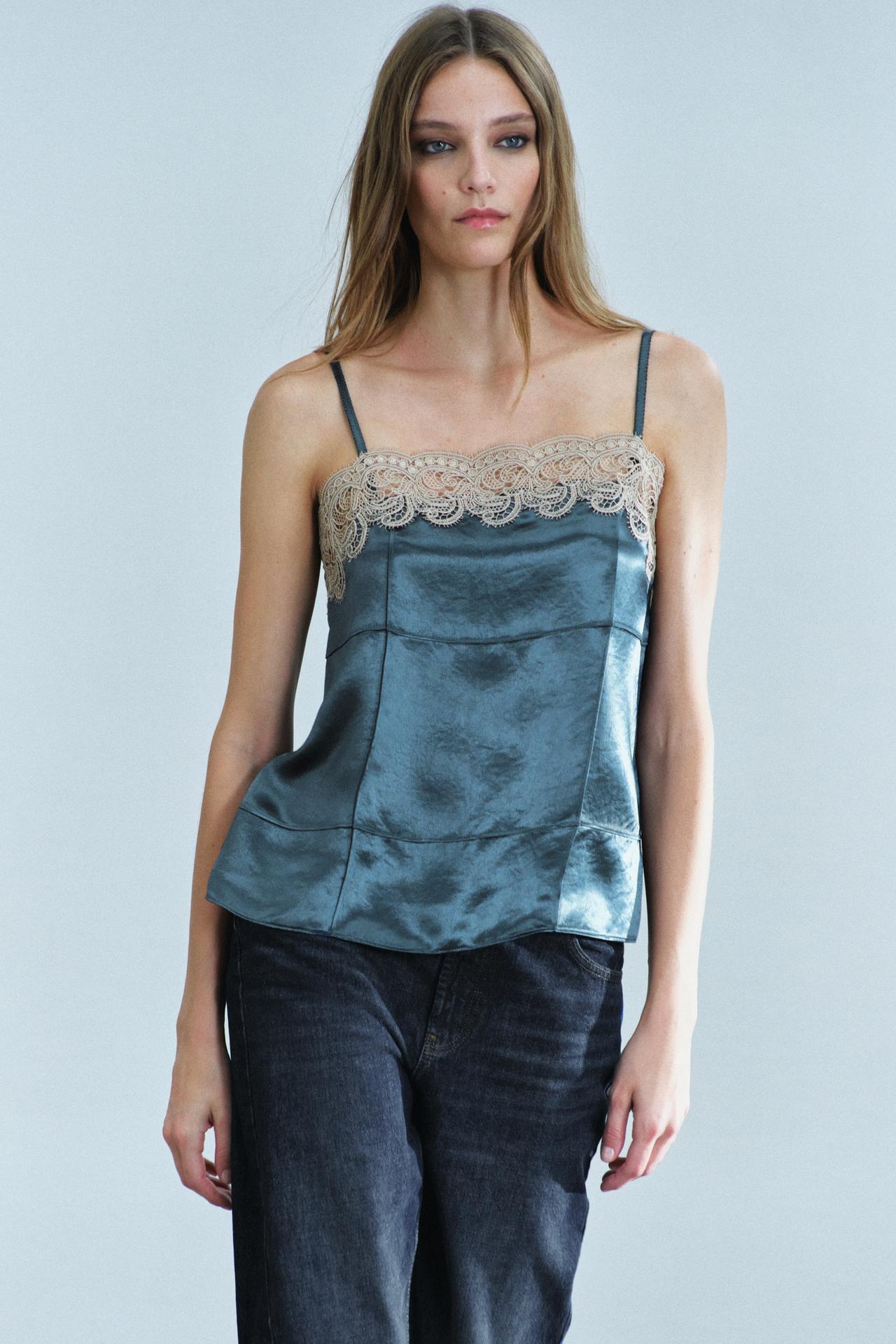 CONTRAST LACE CAMISOLE TOP ZW COLLECTION — Blue