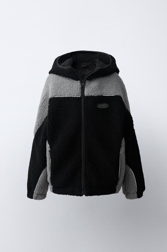CONTRAST TRIM FAUX SHEARLING HOODIE JACKET - Black by Zara - Image 0