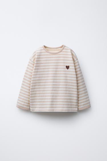 WOVEN STRIPE T-SHIRT WITH HEART EMBROIDERY - Beige by Zara
