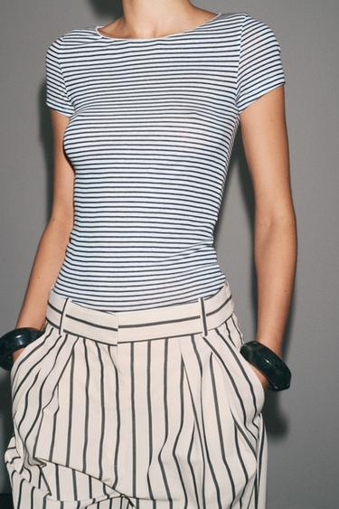 Zara STRIPED T-SHIRT - Blue / White