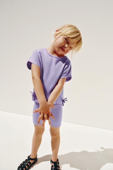 JOGGING SET WITH T-SHIRT, BOWS AND RIBBED CYCLING LEGGINGS - Mauve by Zara