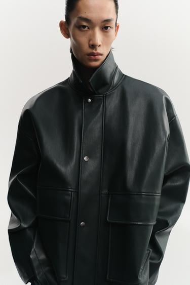 Zara 寬鬆版型人造皮革夾克 - 深綠色