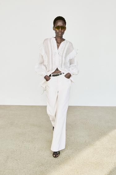 Zara Stand collar blouse with embroidery and ruffles - White - Image 0