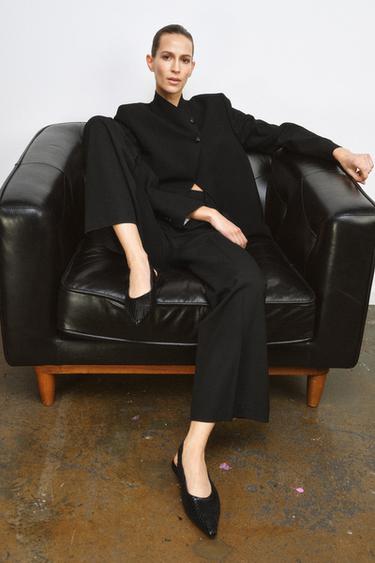 Zara POINTED LEATHER SLINGBACK BALLET FLATS - Black