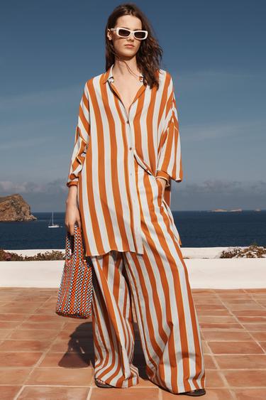 LIMITED EDITION STRIPED WIDE-LEG TROUSERS - Orange by Zara
