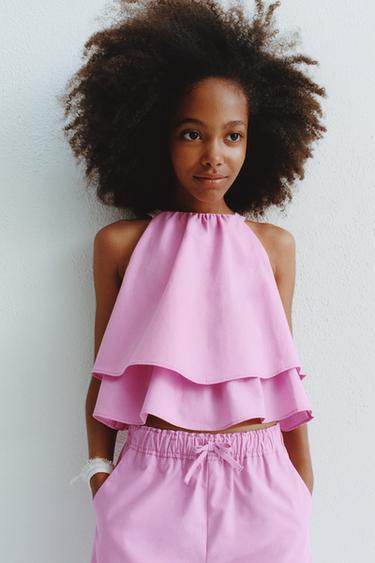 POPLIN TOP WITH DOUBLE RUFFLE AND LACE - Pink by Zara - Image 5