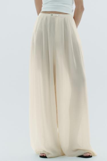 Zara FULL LENGTH MULTI PLEAT PANTS - Ecru