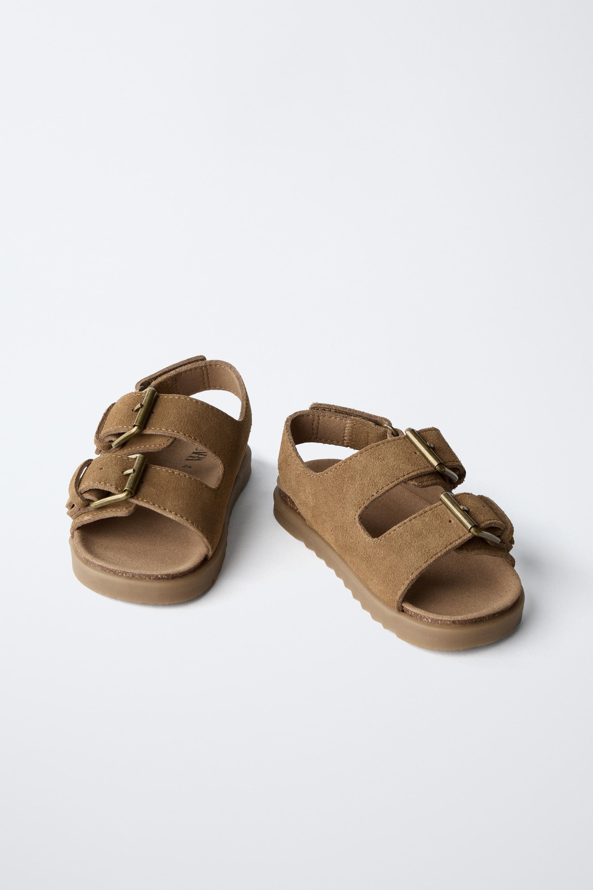ZARA かわいい 季節 夏 レザーストラップバックルサンダル リアルレザー製ダブルストラップサンダル - サンドブラウン