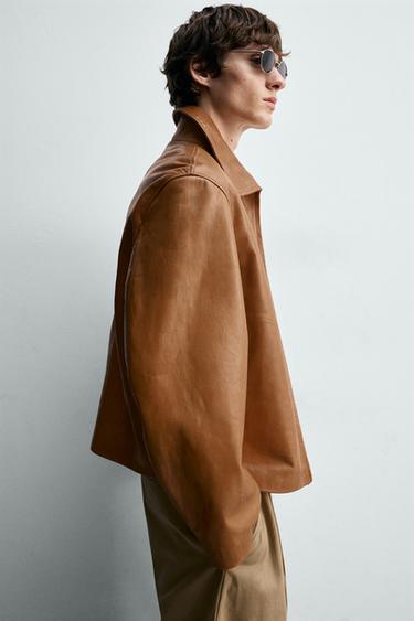 BLOUSON EN CUIR REGULAR FIT - Caramel de Zara - Image 5