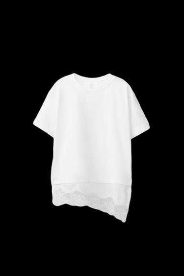 T-SHIRT EN MATIÈRES VARIÉES AVEC DENTELLE - Blanc de Zara - Image 0