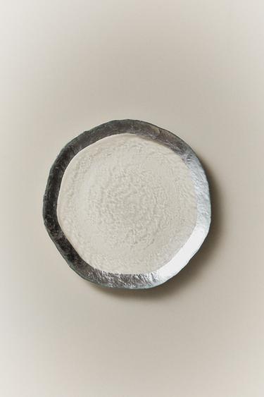 Zara EMBOSSED GLASS DESSERT PLATE WITH SILVER RIM - Silver