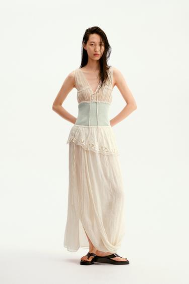 Zara ZW COLLECTION 刺繡腰帶中長裙 - 裸色