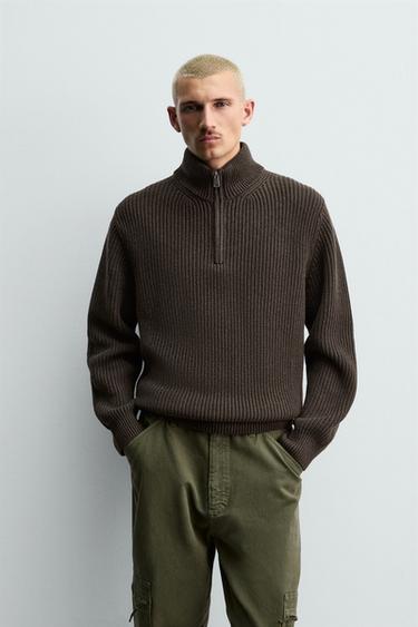Zara PURL KNIT QUARTER-ZIP SWEATER - brown vigore